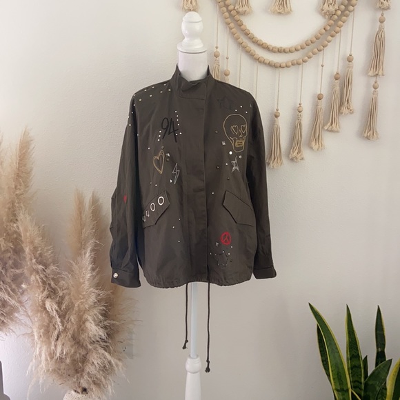 H&M embroidered army jacket green studded embellished parka fall grunge vibes 6 - Picture 3 of 16